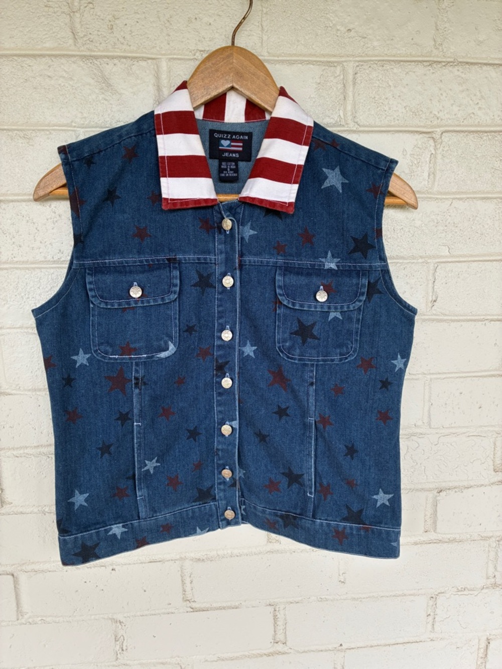 Quizz Again Vintage Patriotic Star Print Denim Vest with Striped Collar S